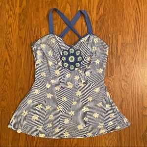 Anthro Little Yellow Button Blue Floral Stripe Top
